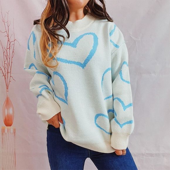 boutique Sweaters - White & Blue Cozy Heart Pattern Long Sleeve Sweater
